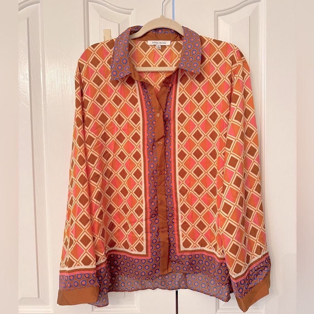 Rose & Olive Burnt Orange and Coral Long Sleeve Button Down Blouse